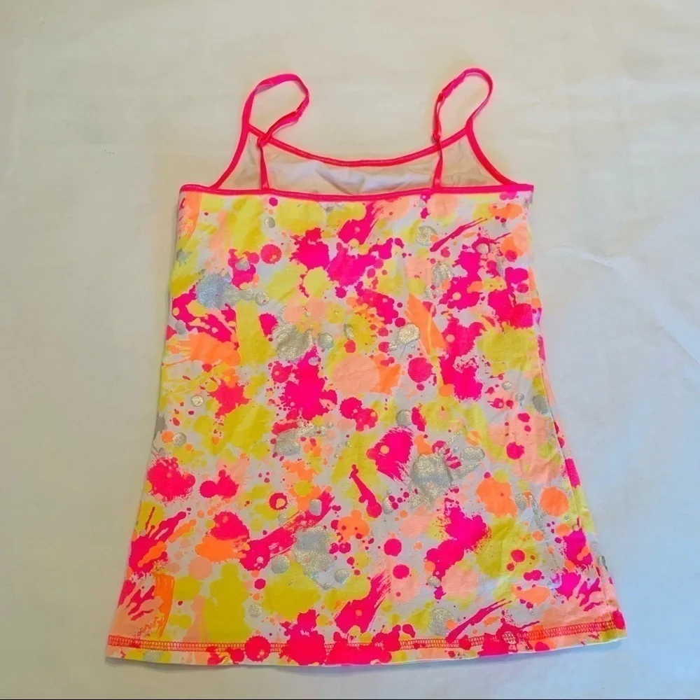 Justice girls 12 built in bra stretch paint splat neon tank top